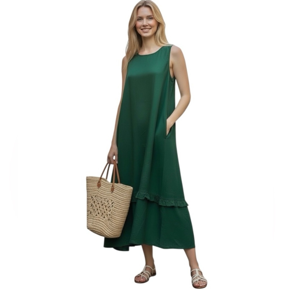 Alfani Women Green Ruffled Tiered Sleeveless Linen-Blend Maxi Dress Size Large